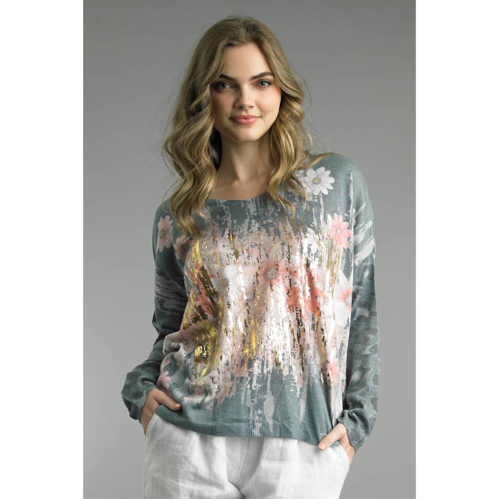 NEW TEMPO PARIS floral art top in seafoam green